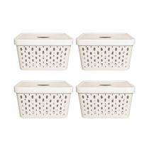 Kit 4 cestos organizadores off white com tampa 17 litros Kit 4 cestos organizadores off white com tampa 17 litros