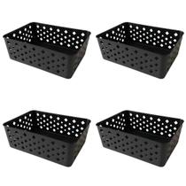 Kit 4 Cestos Organizadores Preto Multiuso Médio Empilhável