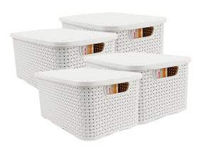 Kit 4 Cestos Organizadores Rattan de Plástico Resistente Médio Cesto Com Tampa Capacidade 8 Litros