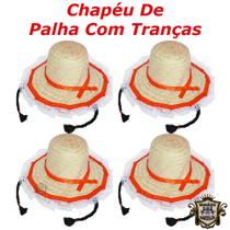Kit 4 Chapéus De Palha Com Trança e Renda Festa Junina 27CM - Fantasias Quadrilha Caipira Trancinha