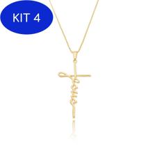 Kit 4 Colar E Pingente Cruz Jesus Banho Ouro 18K