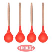Kit 4 Colher Silicone Arroz Vermelho Resistente Cabo Bambu