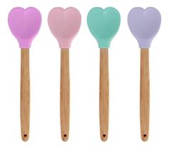 Kit 4 Colheres De Silicone Coração Cabo De Madeira 28x6,5 Cm
