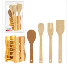 Kit 4 colheres utensílios culinária madeira bambu ecologicosuporte cozinha