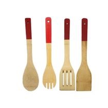 Kit 4 Colheres Utensílios Ecológico Culinário Madeira Bambu com Cabo de Silicone