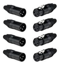 Kit 4 Conectores Xlr Canon Macho/Fêmea Mic Dmx Preto Luminos