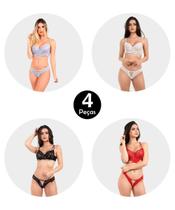 Kit 4 Conjunto IMI Lingerie Com Bojo Cropped Em Renda E Tule Diamante