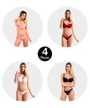Kit 4 Conjunto IMI Lingerie Com Bojo Em Microfibra E Renda Fio Duplo Dafne