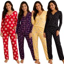 Kit 4 Conjunto Pijama Suede Longo Algodão Inverno Feminino Conforto Kit 4 Conjunto Pijama Suede Longo Algodão Inverno Feminino Conforto