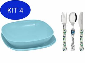 Kit 4 Conjunto pratos e talheres infantil azul Carros