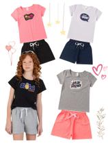 Kit 4 Conjuntos Infantil Juvenil Menina Verão Blusa com Manga em Cotton e Shorts em Moletinho com Elástico