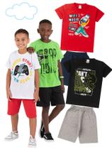 Kit 4 Conjuntos Infantil Juvenil Menino Verão Camiseta Manga em Meia Malha e Bermuda Moletinho com Elástico Kit 4 Conjuntos Infantil Juvenil Menino Verão Camiseta Manga em Meia Malha e Bermuda Moletinho com Elástico