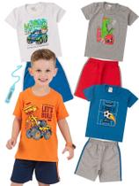 Kit 4 Conjuntos Infantil Menino Verão Camiseta em Meia Malha com Manga e Bermuda de Moletinho com Elástico