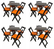 KIT 4 Conjuntos Mesa Dobrável 70x70 Com 4 mesas e 16 Cadeiras preto com estofado LARANJA kit bar restaurante KIT 4 Conjuntos Mesa Dobrável 70x70 Com 4 mesas e 16 Cadeiras preto com estofado LARANJA kit bar restaurante