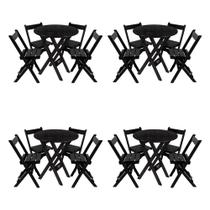 Kit 4 Conjuntos Mesa Redondo 70cm Dobrável Com 4 Cadeiras Em Madeira Maciça Preto - i9