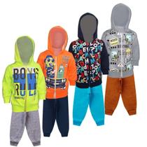 Kit 4 Conjuntos Moletom Infantil Masculino Blusa e Calça Flanelado, c/ Capuz Ziper Punhos Roupa Menino Inverno Tamanhos 01 02 03