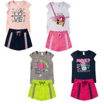 Kit 4 Conjuntos Verão Infantil Juvenil Feminino Blusinha Neon e Shorts Saia em Moletinho Roupa Menina Tamanhos 10 12 14