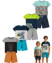 Kit 4 Conjuntos Verão Infantil Juvenil Masculino Camiseta reforço na gola e Bermuda Moletinho cadarço Roupa Criança Menino Tamanhos 04 - 16