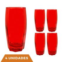 kit 4 Copo Vidro Florida 370ml Vermelho Suco Agua Tendencia
