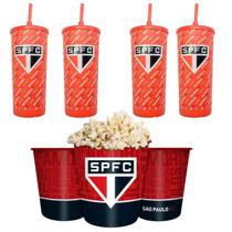 Kit 4 Copos + Balde Pipoca Plástico Vermelho Tampa E Canudo