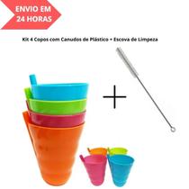 Kit 4 Copos com Canudos de Plástico Escova de Limpeza Kit 4 Copos com Canudos de Plástico Escova de Limpeza