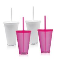 Kit 4 Copos Com Tampa E Canudo Branco E Rosa