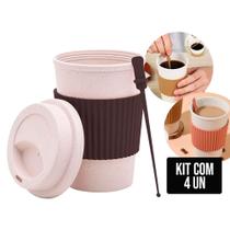 Kit 4 Copos de Café e Chá 450ml com Tampa Mexedor Fibra de Bambu PP Sortido Lyor