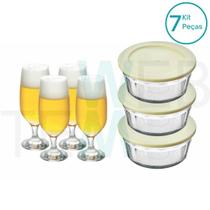 Kit 4 Copos de Cerveja de Vidro 300ml e 3 Potes Tigela de Vidro Laguna 750ml Vitazza: Para Servir, Receber Convidados, Festas, e Momentos Especiais