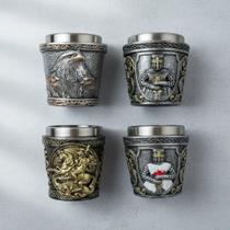 Kit 4 Copos Dose Shot 68ml Inox Resina 3d Templário Guerreiro Medieval Coleção São Jorge Whisky Cachaça
