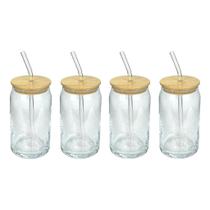 Kit 4 Copos Formato Lata 500ml com Tampa de Bambu e Canudo de Vidro Ideal para Sucos, Café Gelado