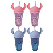 Kit 4 Copos Stitch e Angel 500ml Com Tampa Ludica Canudo Orelhinha para Refri Bpa Free Disney Lembrancinha Festa
