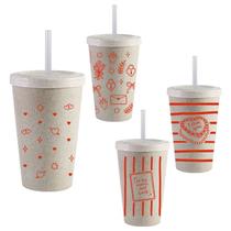 Kit 4 Copos Tampa Canudo 300mL Green Palha Colecao AMOR Completa