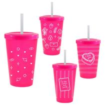 Kit 4 Copos Tampa Canudo 300mL Rosa Neon Colecao AMOR Completa Kit 4 Copos Tampa Canudo 300mL Rosa Neon Colecao AMOR Completa