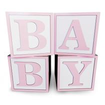 Kit 4 Cubos Baby Box Rosa Madeira Em Mdf C/ Letras Decoração