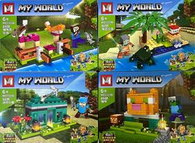 Kit 4 em 1 Lego Minecraft - 366 peças - Animais, Casinha, Praia e mais - MG1333