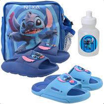 Kit 4 em 1 Sandália Chinelo Slide Com Lancheira Escolar Stitch Garrafinha Menino Menina Novidade Kit 4 em 1 Sandália Chinelo Slide Com Lancheira Escolar Stitch Garrafinha Menino Menina Novidade