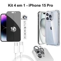 Kit 4 em1 Capa + Película 3D Privacidade + Película de Câmera + Cabo Tipo C para Iphone 15 Pro