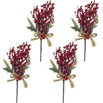 Kit 4 Enfeite Natal Decorativo Haste Azevinho Galho Vermelho Kit 4 Enfeite Natal Decorativo Haste Azevinho Galho Vermelho