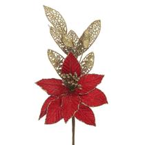 Kit 4 Enfeite Natal Decorativo Poinsettia Vermelho Dourado