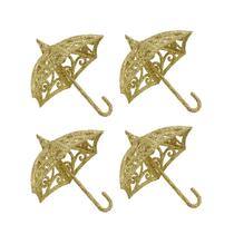 Kit 4 Enfeites Árvore Natal Mini Guarda Chuva Arabesco Glitter Dourado 12cm - Magizi