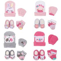 Kit 4 Enxoval Touca Luva Meia e Pantufa Bebê Recém Nascido Menina