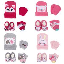 Kit 4 Enxoval Touca Luva Meia e Pantufa Bebê Recém Nascido Menina
