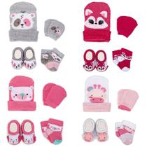 Kit 4 Enxoval Touca Luva Meia e Pantufa Bebê Recém Nascido Menina