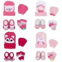 Kit 4 Enxoval Touca Luva Meia e Pantufa Bebê Recém Nascido Menina