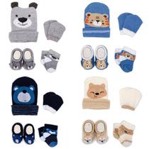 Kit 4 Enxoval Touca Luva Meia e Pantufa Bebê Recém Nascido Menino