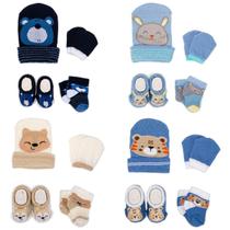 Kit 4 Enxoval Touca Luva Meia e Pantufa Bebê Recém Nascido Menino