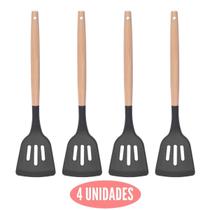 Kit 4 Espatula Silicone Vazada Preto Multiuso Cabo Bambu