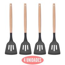 Kit 4 Espatula Silicone Vazada Preto Multiuso Cabo Bambu - UNIVENDAS