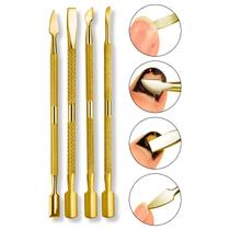 Kit 4 Espátulas Ponta Dupla Afiadas Dourada Cutícula Podóloga Unhas Manicure Aço Inoxidável Profissional