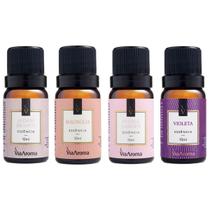 Kit 4 Essências Via Aroma Aromaterapia 10ml - Peonia Garden, Violeta, Magnólia e Jasmin Branco